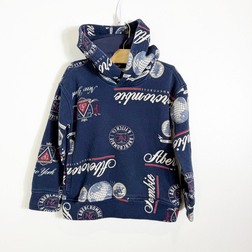 Abercrombie Kids Hoodie Boys 5/6 Navy Blue All Over Heritage Print Relaxed Fit